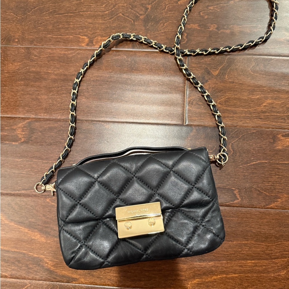 Michael Kors Black Quilted Crossbody Bag with Gold Accents